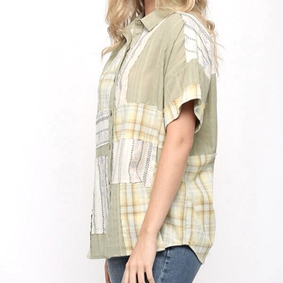 GIGIO Mixed Patchwork Button Down Short Sleeve Shirt Top Size Small Sage Green - Picture 2 of 11